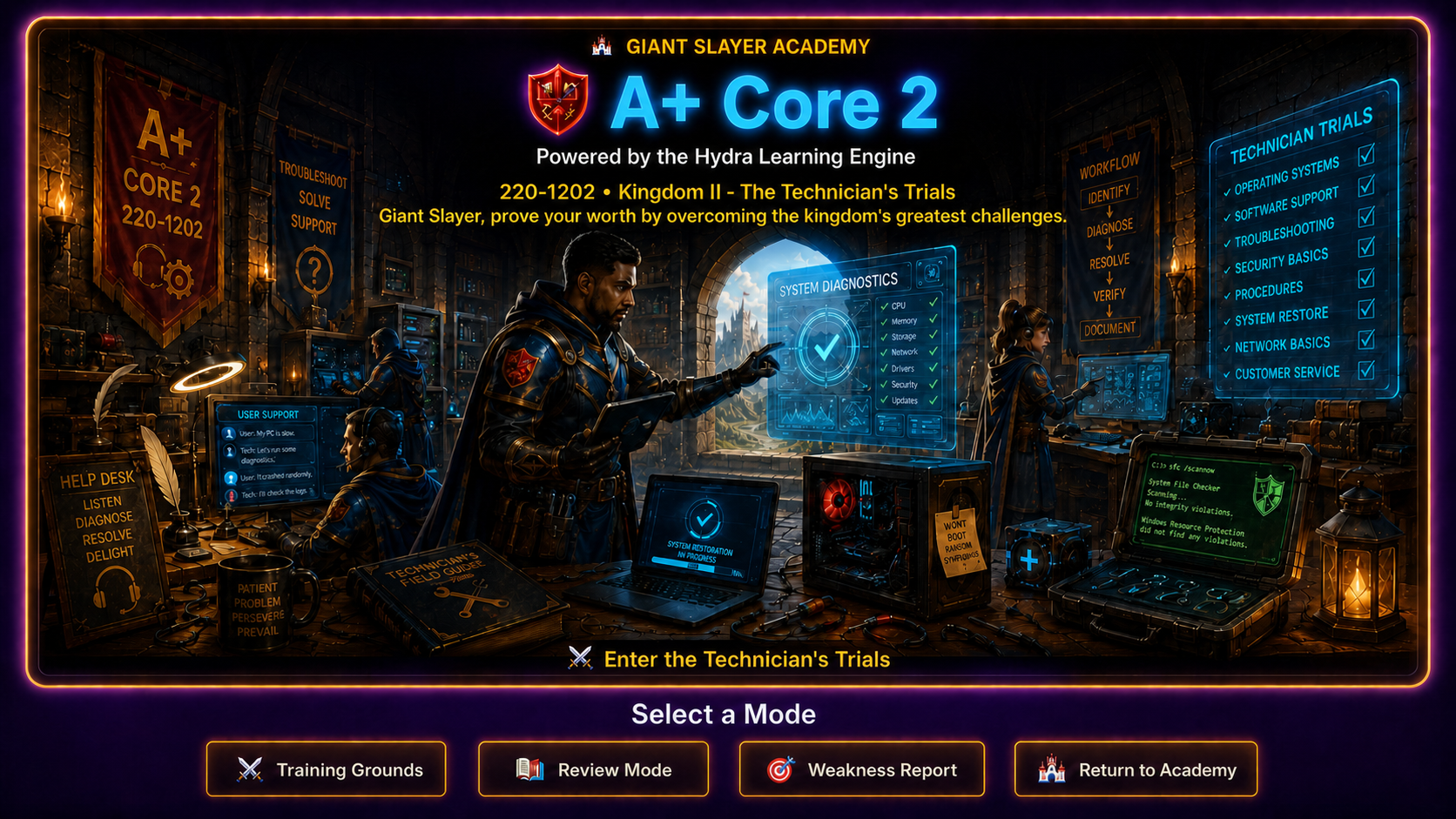 Technicians diagnosing, securing, and restoring computer systems inside the Giant Slayer Academy workshop