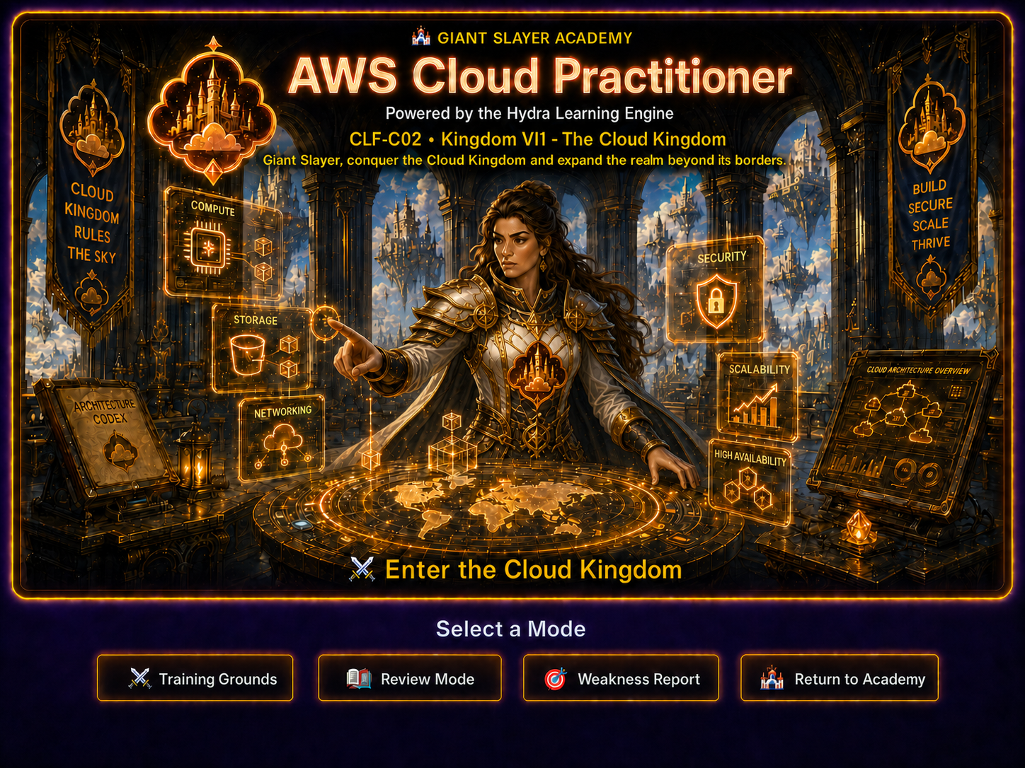 A female cloud architect commanding the Giant Slayer Academy AWS Cloud Kingdom