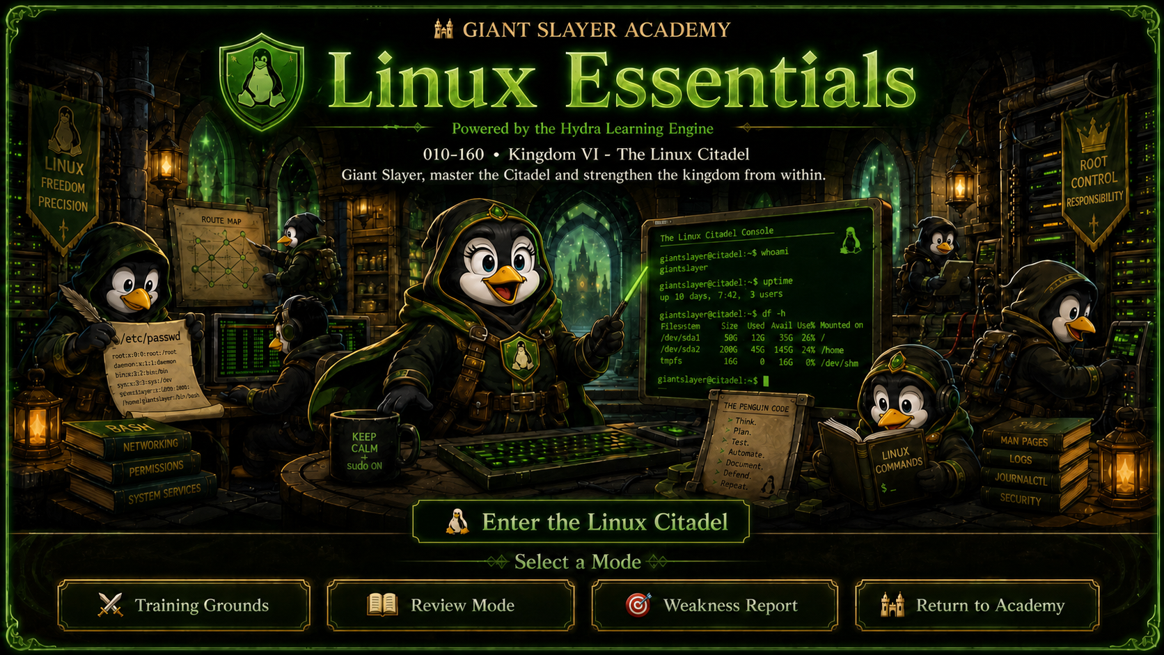 A team of Linux penguin technicians, including two female instructors, operating the Giant Slayer Academy Linux Citadel