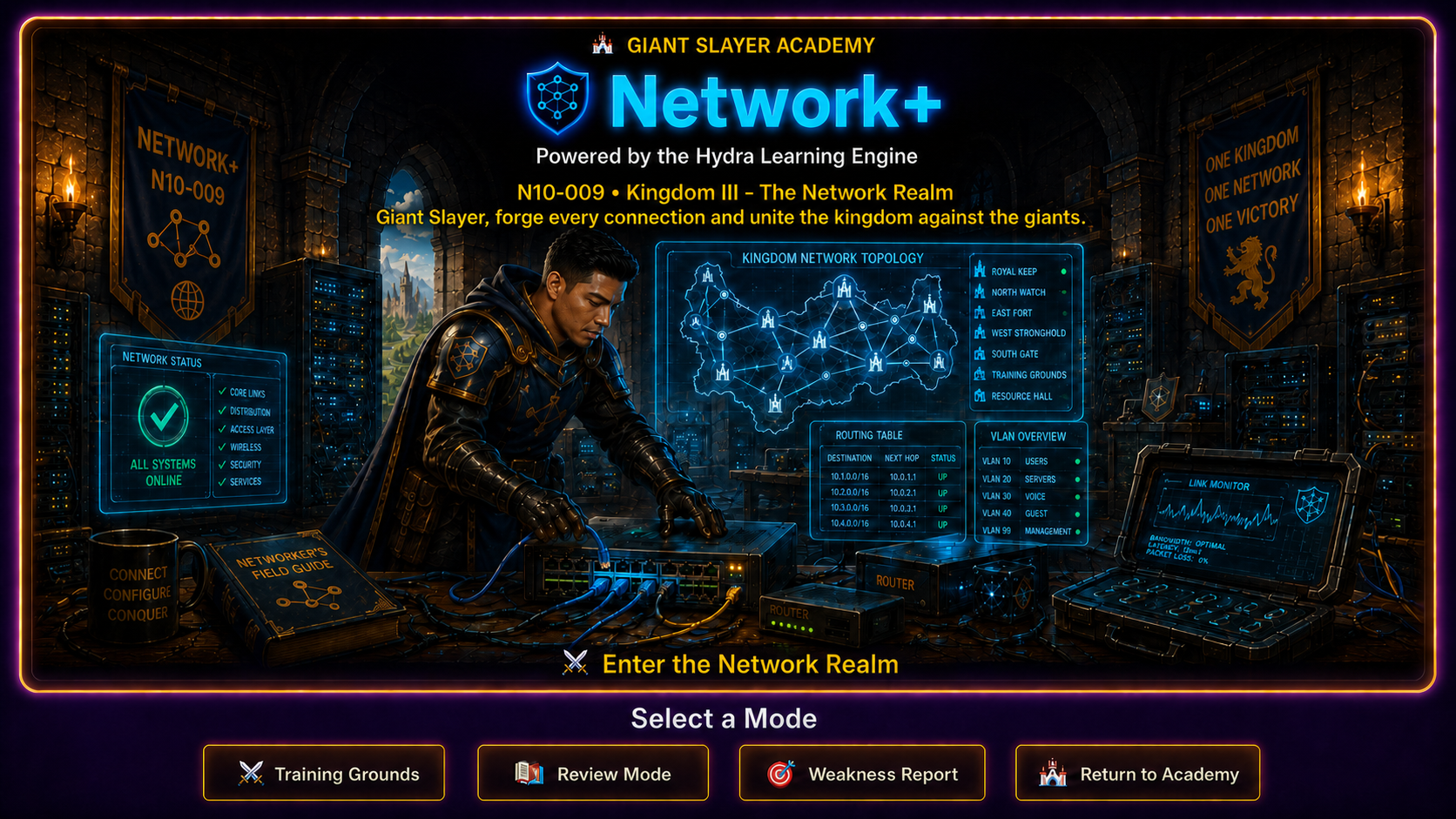 A Latino network technician configuring switches and monitoring the Giant Slayer Academy network realm