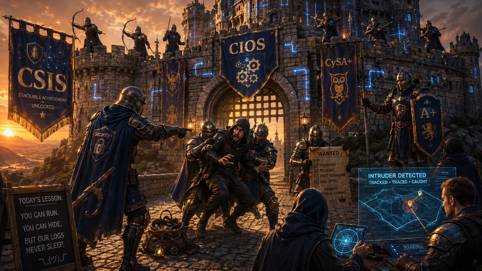 Cyber Fortress defenders capturing an intruder outside the academy gates